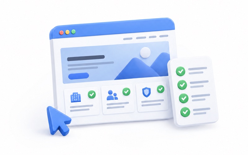 Kurumsal web sitesi ekranının yanında tamamlanmış maddelerden oluşan kontrol listesi