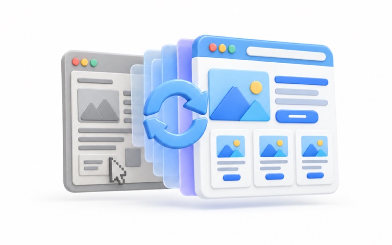 Eski gri web sitesinin yeni ve renkli tasarıma dönüşümü