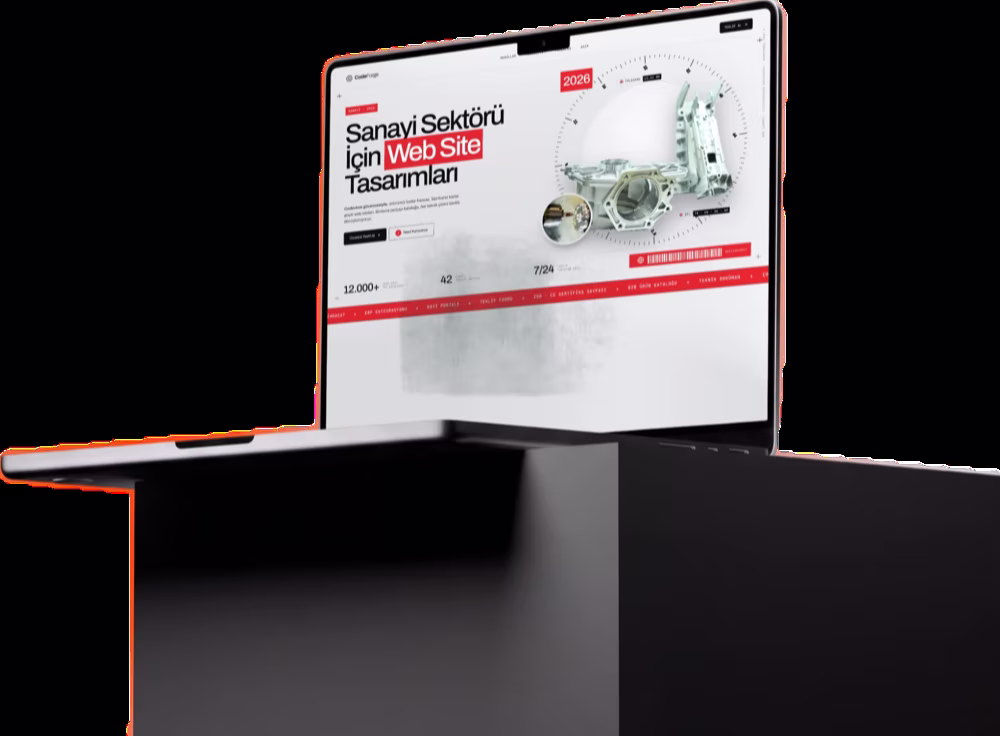 Siyah kaide üzerindeki dizüstü bilgisayarda “Sanayi Sektörü İçin Web Site Tasarımları” sayfası